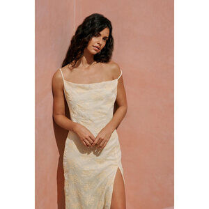 Lulus Lovely Existence Light Yellow Embroidered Cowl Neck Midi Dress - Size XL